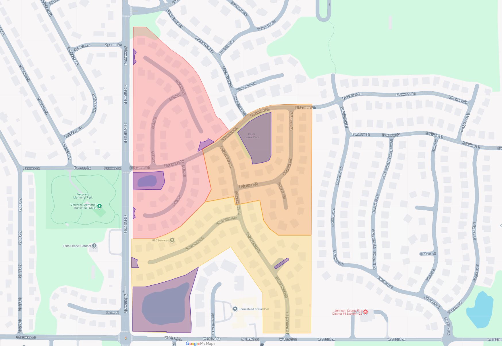 Map showing the Plum Creek neighborhood area